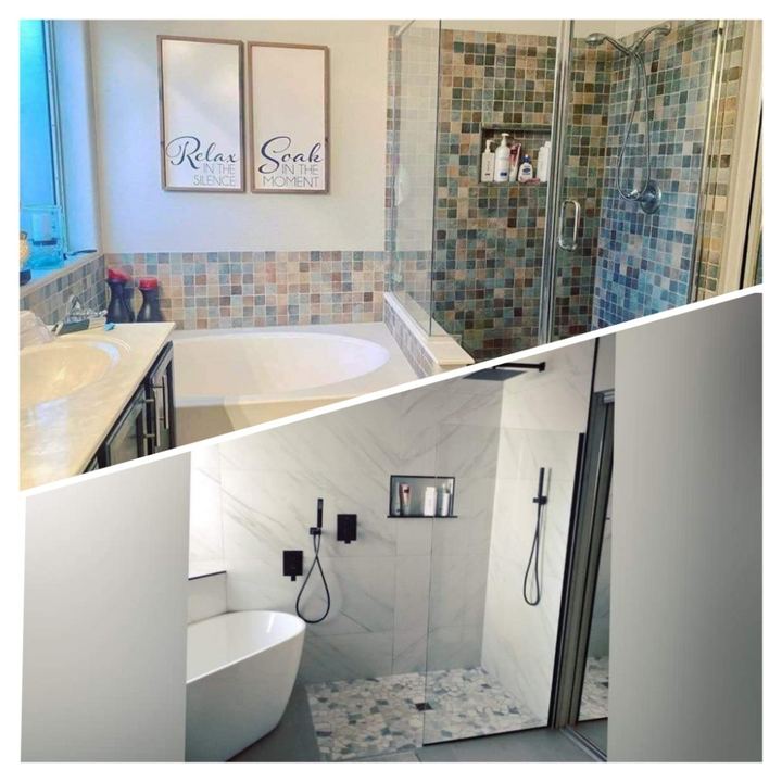 Collage of two bathrooms: freestanding tub with multicolor glass-tile shower, and white marble-look shower with niche and pebble floor